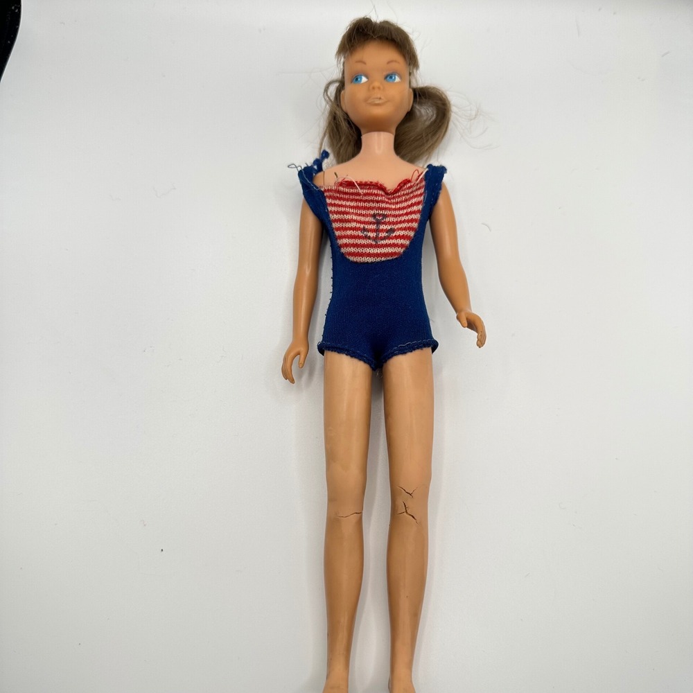 Vintage 1960s Mattel Skipper Doll Brunette Blue Eyes Nautical Swimsuit TLC